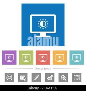 Adjust screen saturation flat white icons in square backgrounds. 6 bonus icons included. Stock Vector