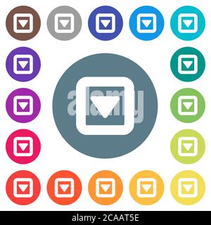 Toggle down flat white icons on round color backgrounds. 17 background color variations are included. Stock Vector