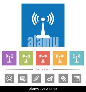 Wlan network flat white icons in square backgrounds. 6 bonus icons included. Stock Vector