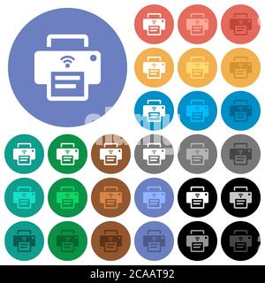 Wireless printer multi colored flat icons on round backgrounds. Included white, light and dark icon variations for hover and active status effects, an Stock Vector