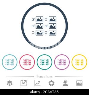 Multiple image selection with checkboxes flat color icons in round outlines. 6 bonus icons included. Stock Vector