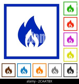 Flame flat color icons in square frames on white background Stock Vector