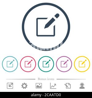 Editbox with pencil flat color icons in round outlines. 6 bonus icons included. Stock Vector