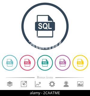 SQL file format flat color icons in round outlines. 6 bonus icons included. Stock Vector