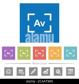 Camera aperture value mode flat white icons in square backgrounds. 6 bonus icons included. Stock Vector