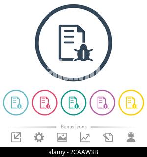 Bug report flat color icons in round outlines. 6 bonus icons included. Stock Vector