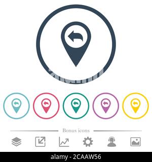 Previous GPS map location flat color icons in round outlines. 6 bonus icons included. Stock Vector