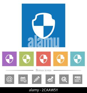 Shield flat white icons in square backgrounds. 6 bonus icons included. Stock Vector
