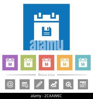 Save schedule data flat white icons in square backgrounds. 6 bonus icons included. Stock Vector