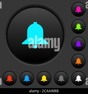 Single bell dark push buttons with vivid color icons on dark grey background Stock Vector