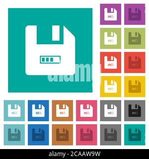 File progressing multi colored flat icons on plain square backgrounds. Included white and darker icon variations for hover or active effects. Stock Vector