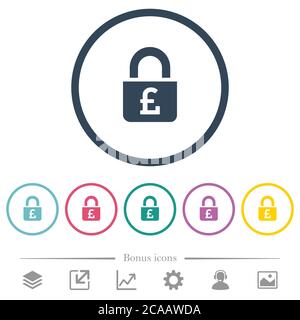 Locked Pounds flat color icons in round outlines. 6 bonus icons included. Stock Vector
