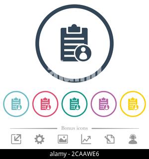 Note owner flat color icons in round outlines. 6 bonus icons included. Stock Vector