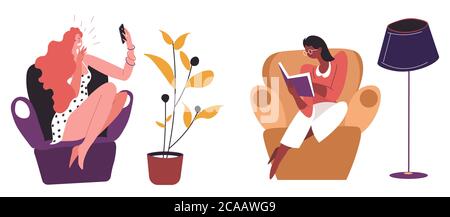 Extrovert and introvert comparison, lifestyle and leisure time Stock Vector