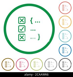 Source code checking flat color icons in round outlines on white background Stock Vector