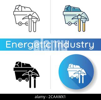 Coal industry icon. Linear black and RGB color styles. Natural resources exploitation, fossil fuel mining. Colliery equipment, trolley with coal and p Stock Vector
