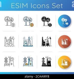 Energy manufacturing icons set. Linear, black and RGB color styles. Electric power station, oil refinery plant and eco friendly wind turbines. Electri Stock Vector