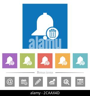 Delete reminder flat white icons in square backgrounds. 6 bonus icons included. Stock Vector