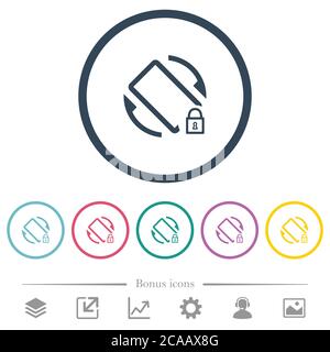 Mobile screen rotation locked flat color icons in round outlines. 6 bonus icons included. Stock Vector