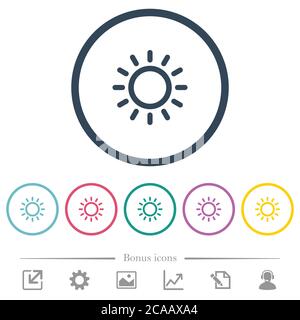 Brightness control flat color icons in round outlines. 6 bonus icons included. Stock Vector