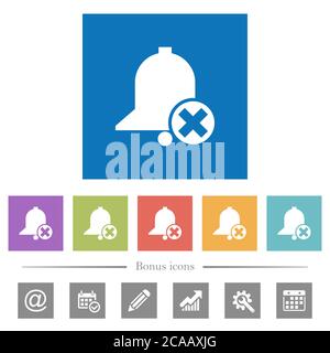 Cancel reminder flat white icons in square backgrounds. 6 bonus icons included. Stock Vector