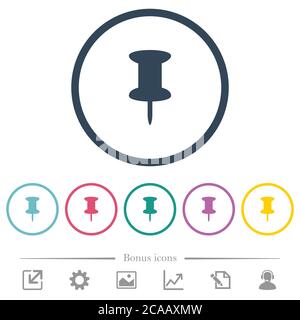 Push pin flat color icons in round outlines. 6 bonus icons included. Stock Vector
