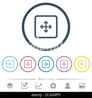 Drag object flat color icons in round outlines. 6 bonus icons included. Stock Vector