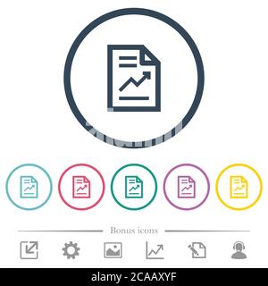 Report with graph flat color icons in round outlines. 6 bonus icons included. Stock Vector