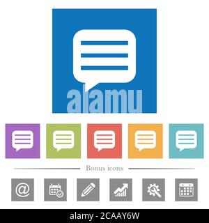 Message box with rows flat white icons in square backgrounds. 6 bonus icons included. Stock Vector