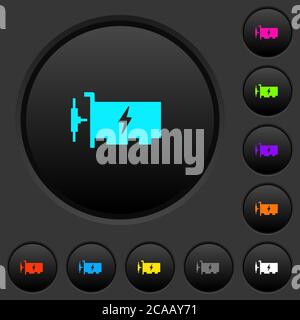 Fast ethernet network controller dark push buttons with vivid color icons on dark grey background Stock Vector