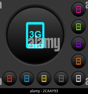 Third generation mobile connection speed dark push buttons with vivid color icons on dark grey background Stock Vector