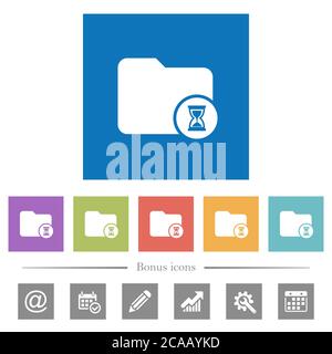 Directory processing flat white icons in square backgrounds. 6 bonus icons included. Stock Vector