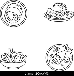 National dish pixel perfect linear icons set. French crepes. Thin pancakes. Soused herring. Customizable thin line contour symbols. Isolated vector ou Stock Vector