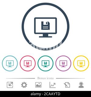 Save display settings flat color icons in round outlines. 6 bonus icons included. Stock Vector