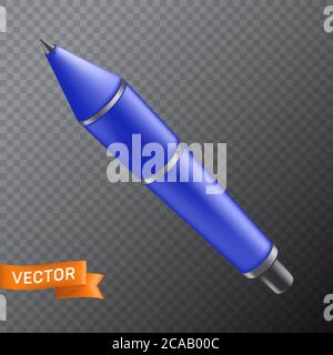 Blue ball point office pen. 3D realistic vector illustration isolated on a transparent background Stock Vector