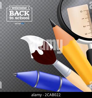 Back to school accessories set - blue pen, painting brush, pencil, ruler and magnifying glass. Vector illustration isolated on a transparent backgroun Stock Vector
