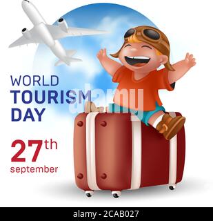 World Tourism Day, September 27 holiday - Vector illustration with a happy traveling boy in a helmet sitting on a suitcase and flying airplane on a bl Stock Vector