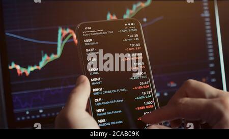 investment stockbroker risk analysis using multiple devices Stock Photo