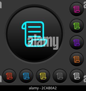 Script code dark push buttons with vivid color icons on dark grey background Stock Vector