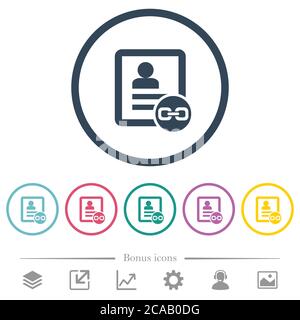 Link contact flat color icons in round outlines. 6 bonus icons included. Stock Vector