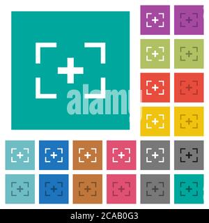 Camera crosshairs multi colored flat icons on plain square backgrounds. Included white and darker icon variations for hover or active effects. Stock Vector