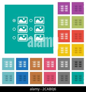 Single image selection with radio buttons multi colored flat icons on plain square backgrounds. Included white and darker icon variations for hover or Stock Vector