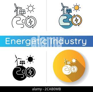 Renewable energy icon. Linear black and RGB color styles. Alternative power generation sources. Environment protection. Planet with solar panel and wi Stock Vector