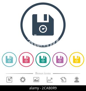 File size flat color icons in round outlines. 6 bonus icons included. Stock Vector