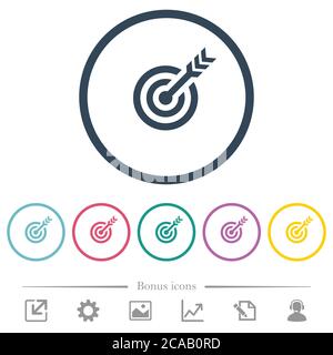 Target table with arrow flat color icons in round outlines. 6 bonus icons included. Stock Vector