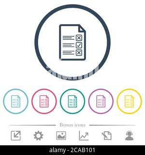 Questionnaire document flat color icons in round outlines. 6 bonus icons included. Stock Vector