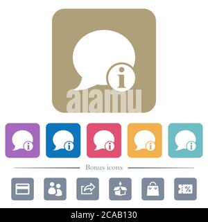Blog comment info white flat icons on color rounded square backgrounds. 6 bonus icons included Stock Vector