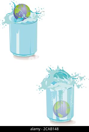 Vertical illustration of glasses of water with Earth globes isolated on white background Stock Photo