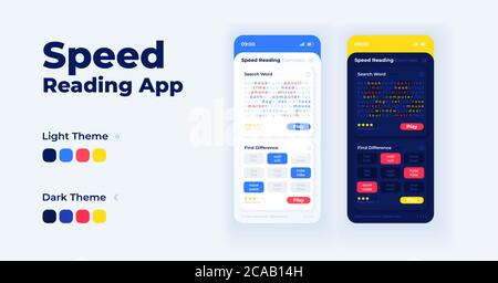 Speed reading app cartoon smartphone interface vector templates set. Mobile app screen page day and night modes design. Comprehension exercise UI for Stock Vector