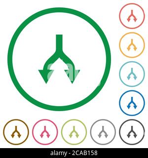 Split arrows down flat color icons in round outlines on white background Stock Vector